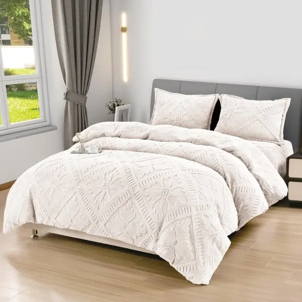 Lenjerie de Pat Dublu, CoCoLiNo Ultra Pufoasa, 4 piese, Cearsaf cu ELASTIC, Model Traditional 3D, Ivoire