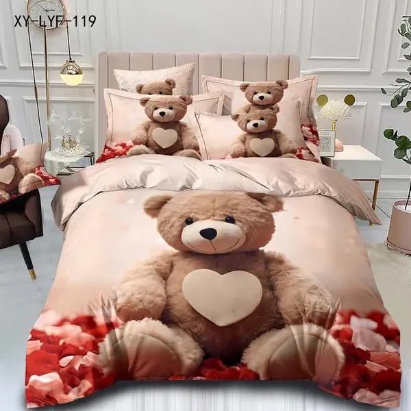 Lenjerie de Pat Dublu, Finet, 6 piese, Imprimeu 3D Digital Realist, Exact ca in Poza – Culori Durabile, Vopsea Skin-Friendly si intretinere Usoara, Bej,Maro, Roz, ursuleti
