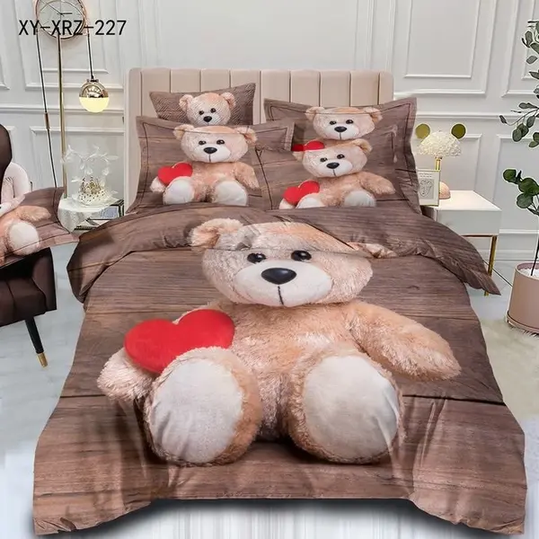 Lenjerie de Pat Dublu, Finet, 6 piese, Imprimeu 3D Digital Realist, Exact ca in Poza – Culori Durabile, Vopsea Skin-Friendly si intretinere Usoara, Maro, ursuleti