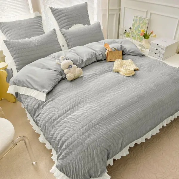 Lenjerie de Pat Dublu Finet Creponat Uni cu VolanaE e, 6 Piese, 230x250 cm , Gri deschis