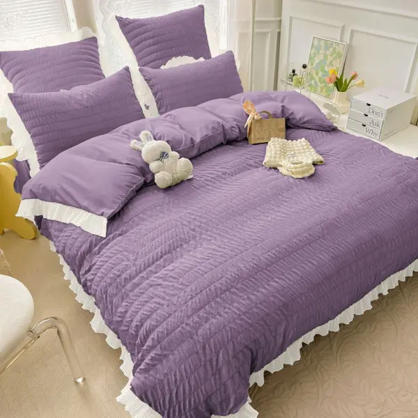 Lenjerie de Pat Dublu Finet Creponat Uni cu Volanase, 6 Piese, 230x250 cm , Mov