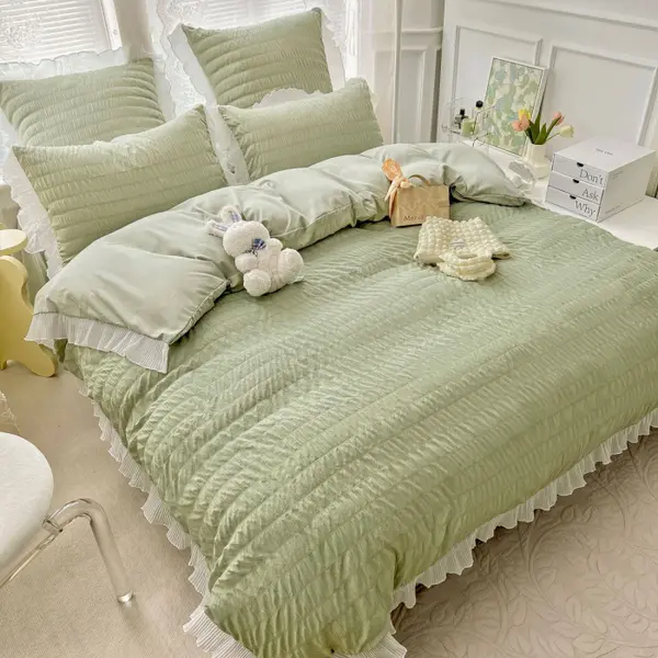 Lenjerie de Pat Dublu Finet Creponat Uni cu Volanase, 6 Piese, 230x250 cm , Verde