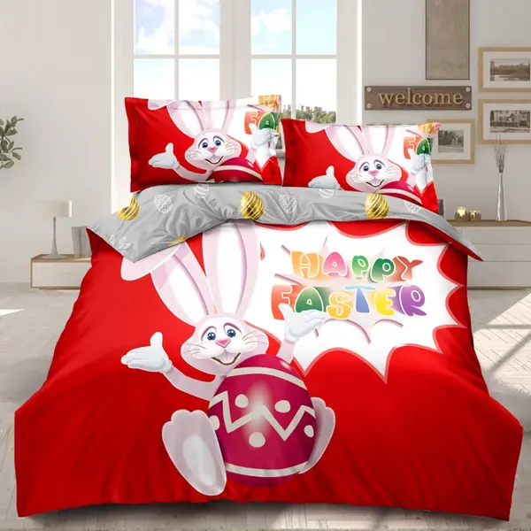 Lenjerie de Pat Dublu, Finet, Imprimeu Digital, 4 Piese, Rosu, Gri, Iepuras, Happy Easter