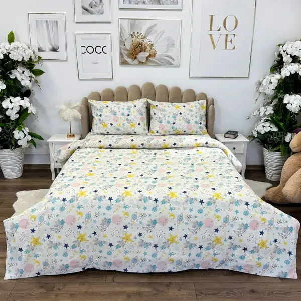 Lenjerie de Pat Dublu, Policoton Ranforsat, 4 piese, Atelier Cumparamisim, Multicolor, planete