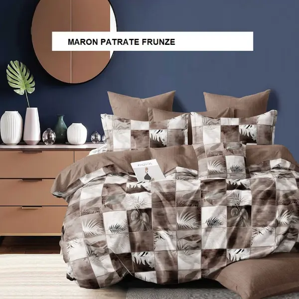 Lenjerie de pat ECONOMY maron patrate frunze 230x250 cm, Ralex | 1 buc