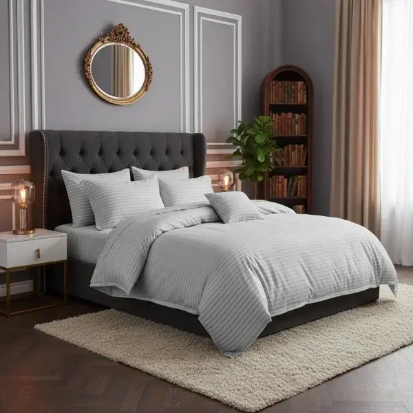 Lenjerie de pat pentru 1 persoana, Bumbac Damasc 100%, 3 piese, Cearceaf pat 160x240, Cearceaf pilota 150x210, Fete de perne 50x70, gri
