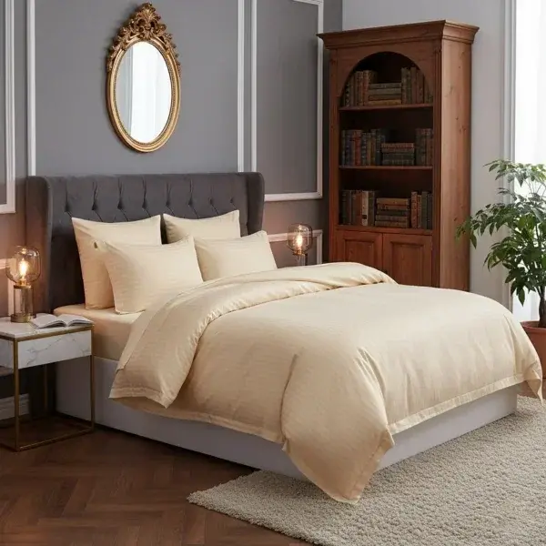 Lenjerie de pat pentru 1 persoana, Bumbac Damasc 100%, 3 piese, Cearceaf pat 160x240, Cearceaf pilota 150x210, Fete de perne 50x70, cappucino