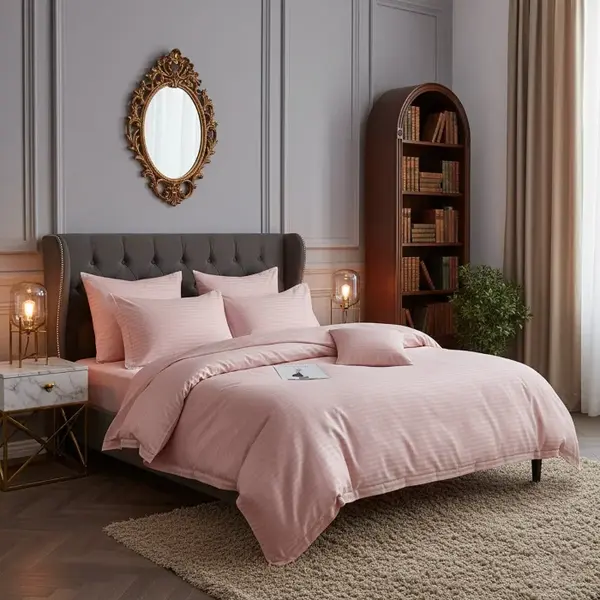 Lenjerie de pat pentru 2 persoane XXL, Bumbac Damasc 100%, 4 piese, Cearceaf pat 240x260, Cearceaf pilota 200x230, Fete de perne 50x70 x 2, roz pudra