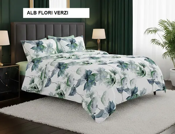Lenjerie de pat policoton ELVO alb flori verzi 230x250 cm, Ralex | 1 buc