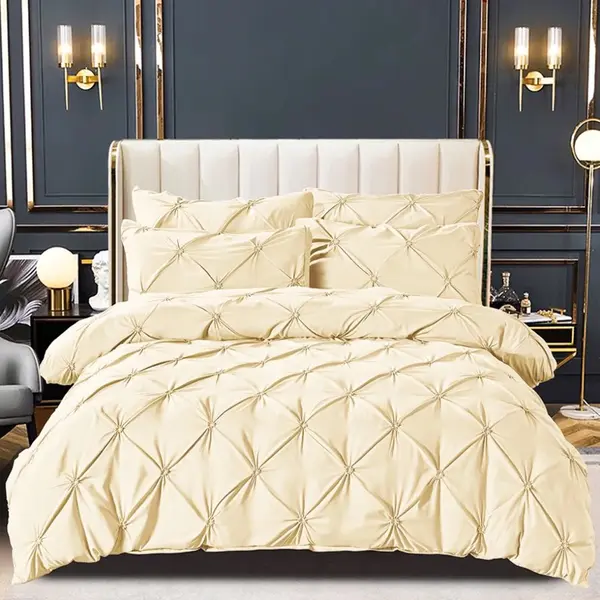 Lenjerie de Pat Premium, JOJO HOME, Finet cu Pliuri Brodate, 6 Piese, Nesifonabila si Durabila, Crem