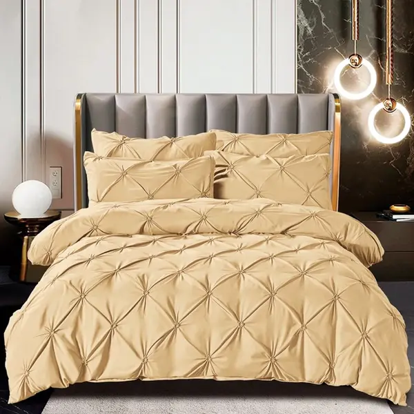 Lenjerie de Pat Premium, JOJO HOME, Finet cu Pliuri Brodate, 6 Piese, cu ELASTIC, Nesifonabila si Durabila, Bej