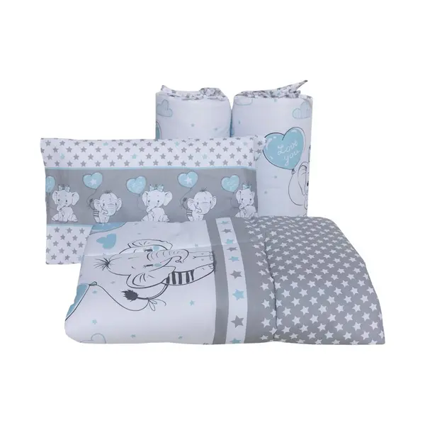 Lenjerie din bumbac cu 8 piese pentru saltea 120x60 cm Beberoyal Love Elephants Blue