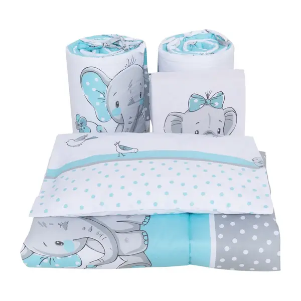 Lenjerie din bumbac cu 8 piese pentru saltea 120x60 cm Beberoyal ElefantBirds Blue