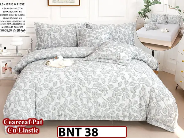 Lenjerie din bumbac fin cu in grofat și lățos 6 piese cu cearceaf elastic -BNT38