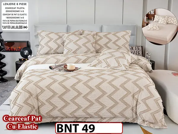 Lenjerie din bumbac fin cu in grofat și lățos 6 piese cu cearceaf elastic -BNT49
