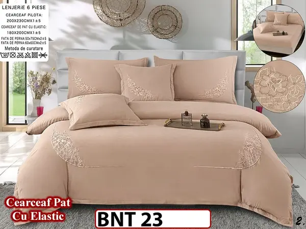 Lenjerie din bumbac neted 6 piese cu cearceaf elastic -BNT23