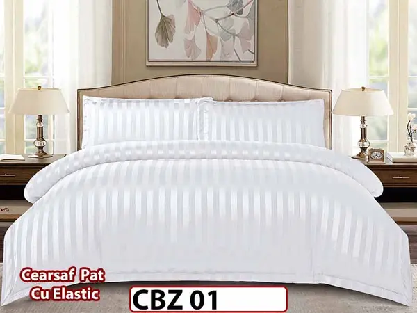 Lenjerie din damasc finet cu 4 piese, cearceaf cu elastic - CBZ 01