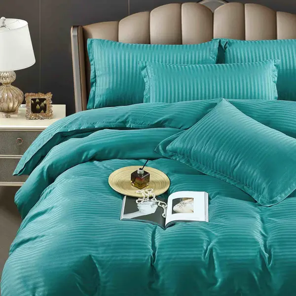 Lenjerie HoReCa, pat dublu, Damasc Finetat Deluxe cu Elastic, 6 piese, Jojo Home, Turquoise
