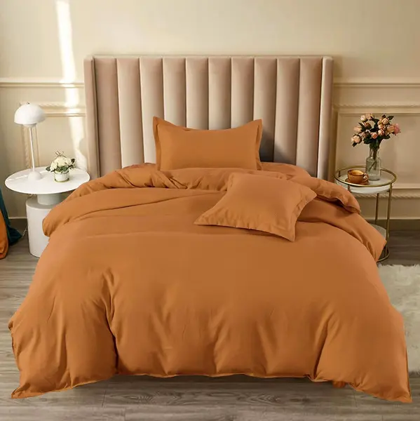 Lenjerie pat 1 PERSOANA, BUMBAC FINET, 4 piese, cu ELASTIC, Maro