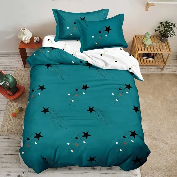 Lenjerie pat 1 PERSOANA, FINET, 4 piese, Alb, Verde, stelute