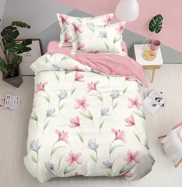 Lenjerie pat 1 PERSOANA, FINET, 4 piese, Crem, Roz, Flori