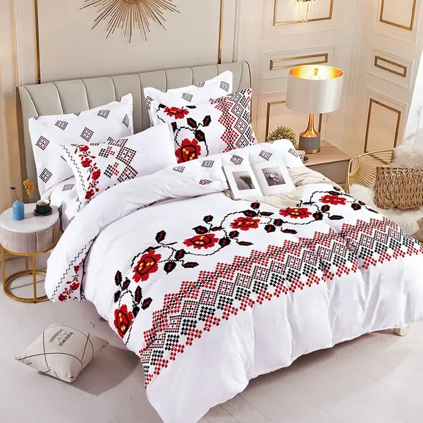 Lenjerie pat 1 PERSOANA, FINET, 4 piese, Jojo Home, Alb-Rosu, model traditional