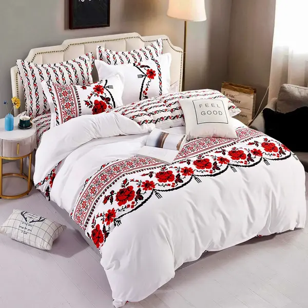 Lenjerie pat 1 PERSOANA, FINET, 4 piese, Jojo Home, Alb-Rosu, model traditional