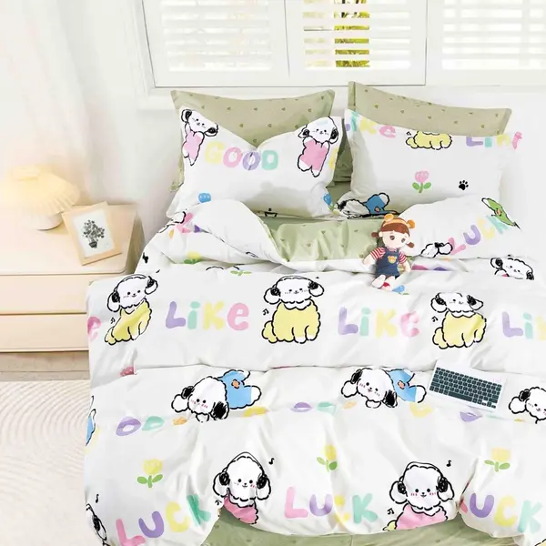 Lenjerie pat 1 PERSOANA, FINET, 4 piese, Jojo Home, Alb, Vernil, Catelusi, Litere