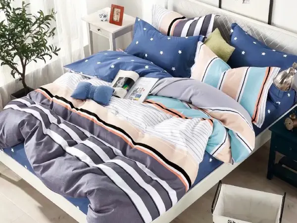 Lenjerie pat 1 PERSOANA, FINET, 4 piese, Jojo Home, Bleu-Gri, dungi, stelute