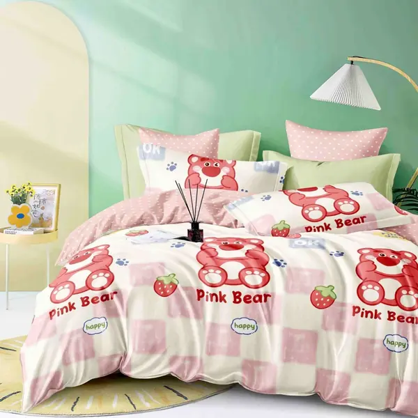 Lenjerie pat 1 PERSOANA, FINET, 4 piese, Jojo Home, Crem, Roz, Ursuleti, Capsune