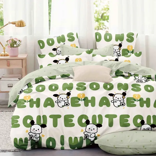Lenjerie pat 1 PERSOANA, FINET, 4 piese, Jojo Home, Crem, Verde, Litere