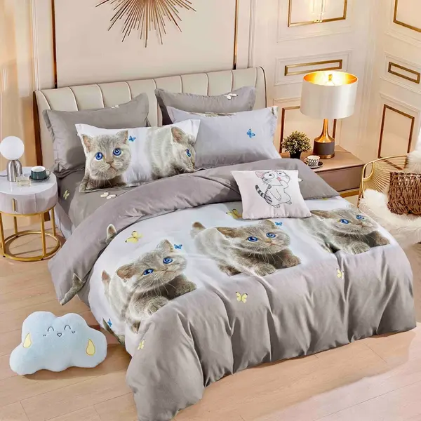 Lenjerie pat 1 PERSOANA, FINET, 4 piese, Jojo Home, Gri, Pisicute