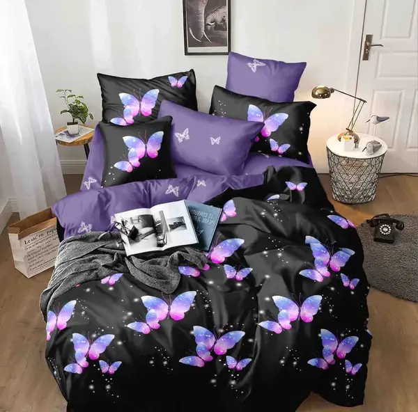 Lenjerie pat 1 PERSOANA, FINET, 4 piese, Jojo Home, Negru, Mov, Fluturi