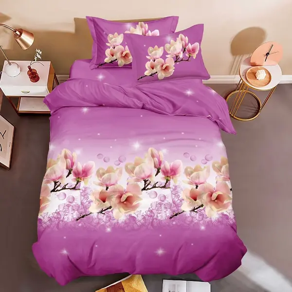 Lenjerie pat 1 Persoana imprimeu 3D - 3 Bucati 219 Lei - Roz magnolii