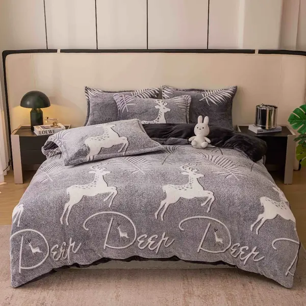 Lenjerie Pat 1 Persoana, Jojo Home, CoCoLiNo (Fleece), 4 piese, Gri, Cerbi