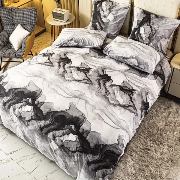 Lenjerie pat 140x200cm 4 piese cu ELASTIC - 3 Bucati 219 Lei - Gri model marmura