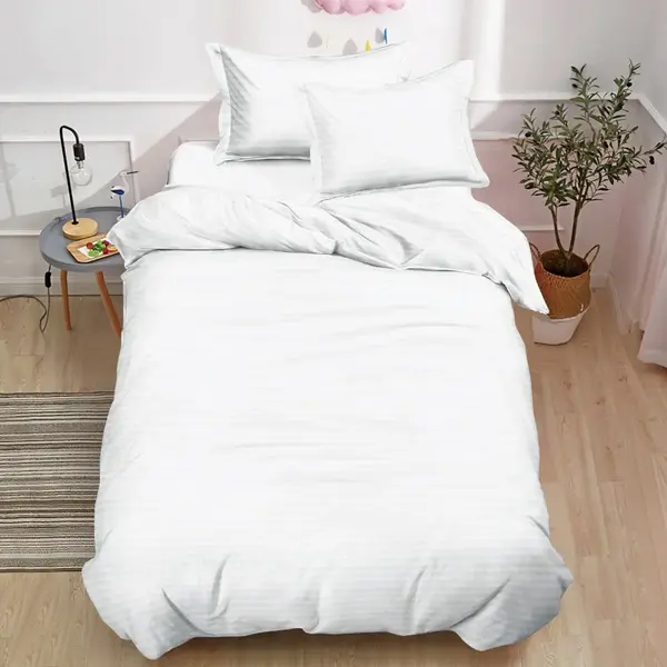 Lenjerie pat 140x200cm, Damasc Finetat, 4 piese, cu ELASTIC, Alb