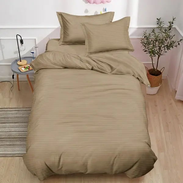 Lenjerie pat 140x200cm, Damasc Finetat, 4 piese, cu ELASTIC, Bej