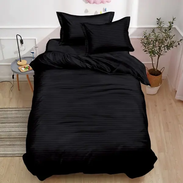 Lenjerie pat 140x200cm, Damasc Finetat, 4 piese, cu ELASTIC, Negru