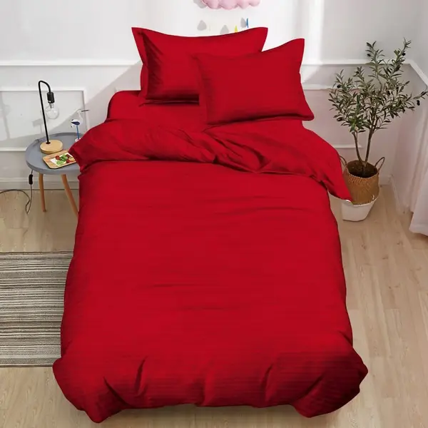 Lenjerie pat 140x200cm, Damasc Finetat, 4 piese, cu ELASTIC, Rosu