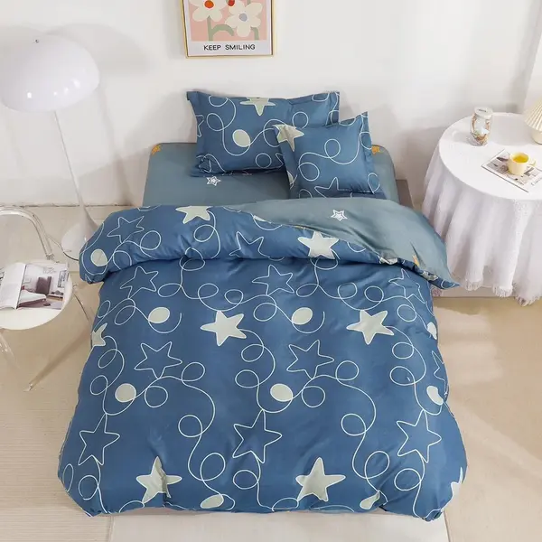 Lenjerie pat 140x200cm, FINET, 4 piese, cu ELASTIC, Albastru, stelute