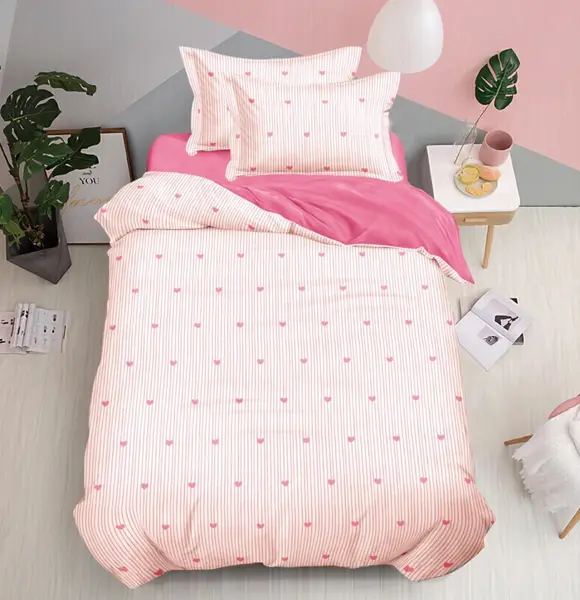 Lenjerie pat 140x200cm, FINET, 4 piese, cu ELASTIC, Crem, Roz, Inimioare