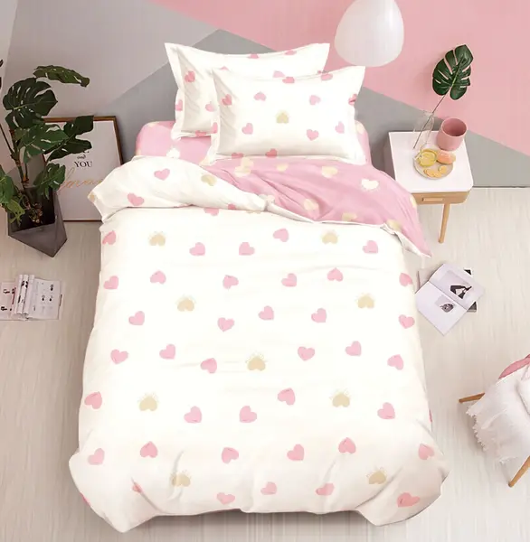 Lenjerie pat 140x200cm, FINET, 4 piese, cu ELASTIC, Crem, Roz, Inimioare