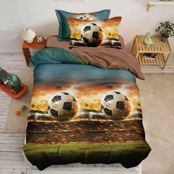 Lenjerie pat 140x200cm, FINET, 4 piese, cu ELASTIC, Maro, Verde, mingii de fotbal