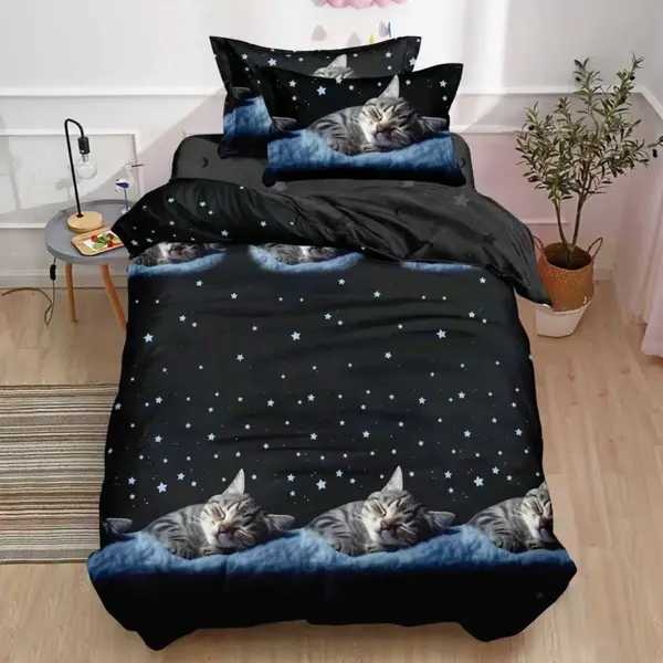 Lenjerie pat 140x200cm, FINET, 4 piese, cu ELASTIC, Negru, pisicute