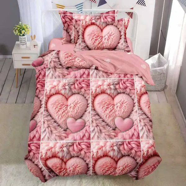 Lenjerie pat 140x200cm, FINET, 4 piese, cu ELASTIC, Roz, inimioare pufoase