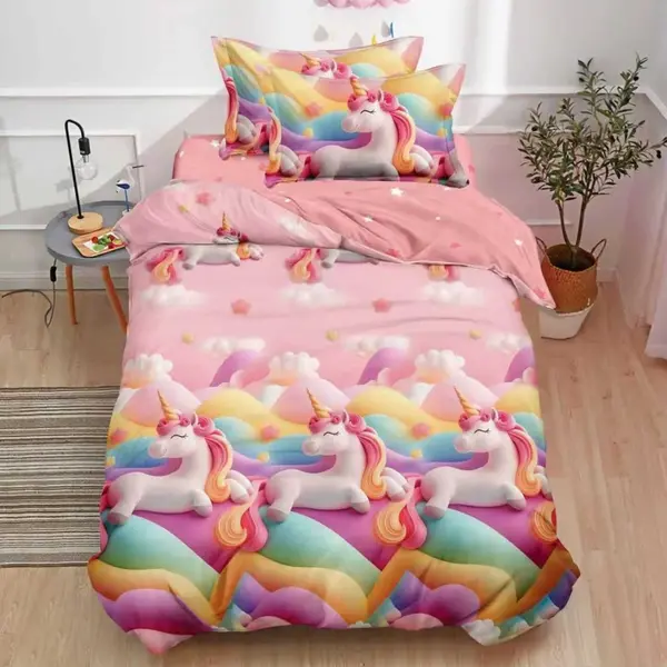Lenjerie pat 140x200cm, FINET, 4 piese, cu ELASTIC, Roz, unicorni