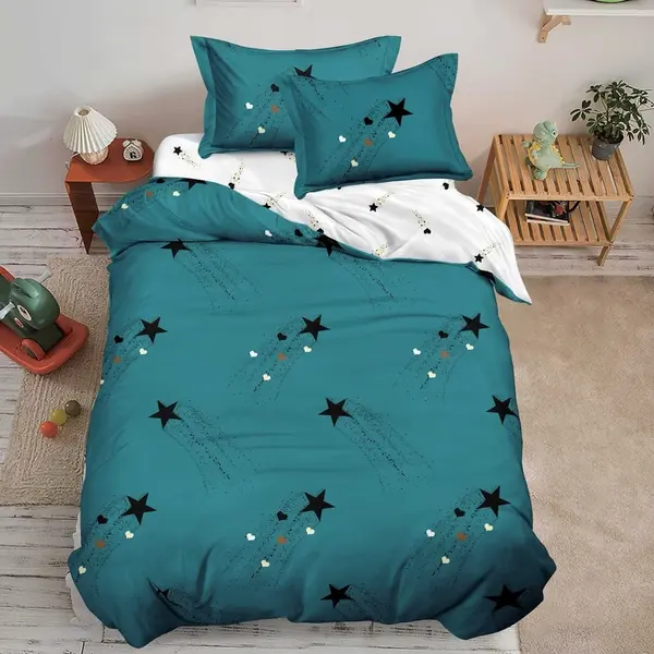Lenjerie pat 140x200cm, FINET, 4 piese, cu ELASTIC, Verde, stelute