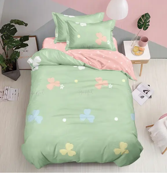 Lenjerie pat 140x200cm, FINET, 4 piese, cu ELASTIC, Verde, Trifoi