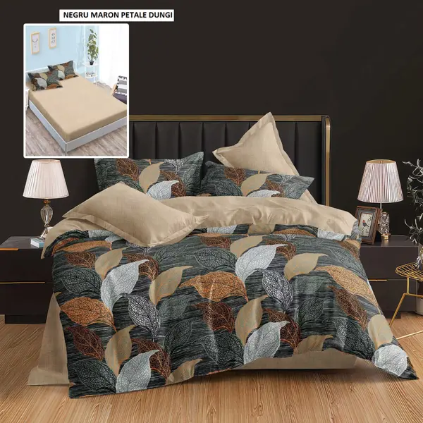 Lenjerie pat cu husa FINET (6 piese) negru maron petale dungi 180x200 cm, Ralex | 1 buc